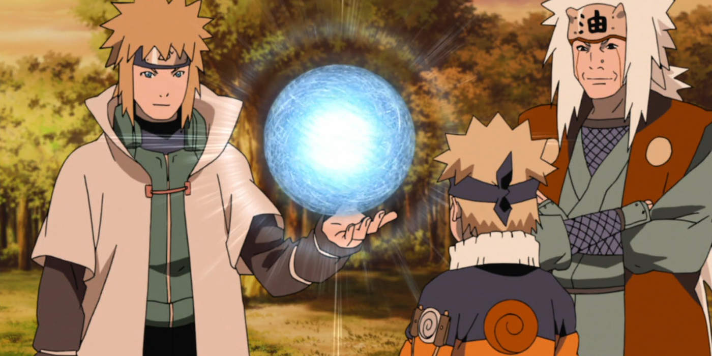 Minato Namikaze has formed the Rasengan while Jiraiya and Naruto look on in Naruto: Shippuden.
