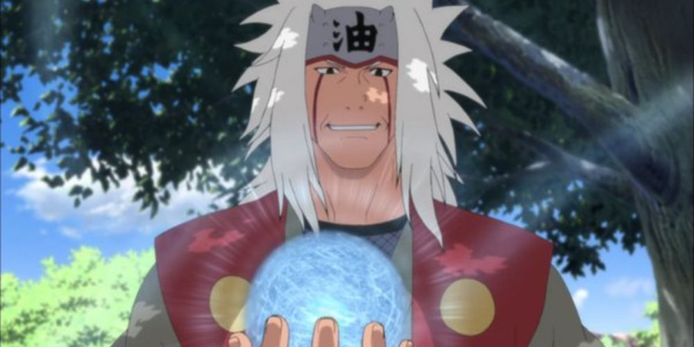 Jiraiya shows Naruto how to use the Rasengan during a training session in Naruto.