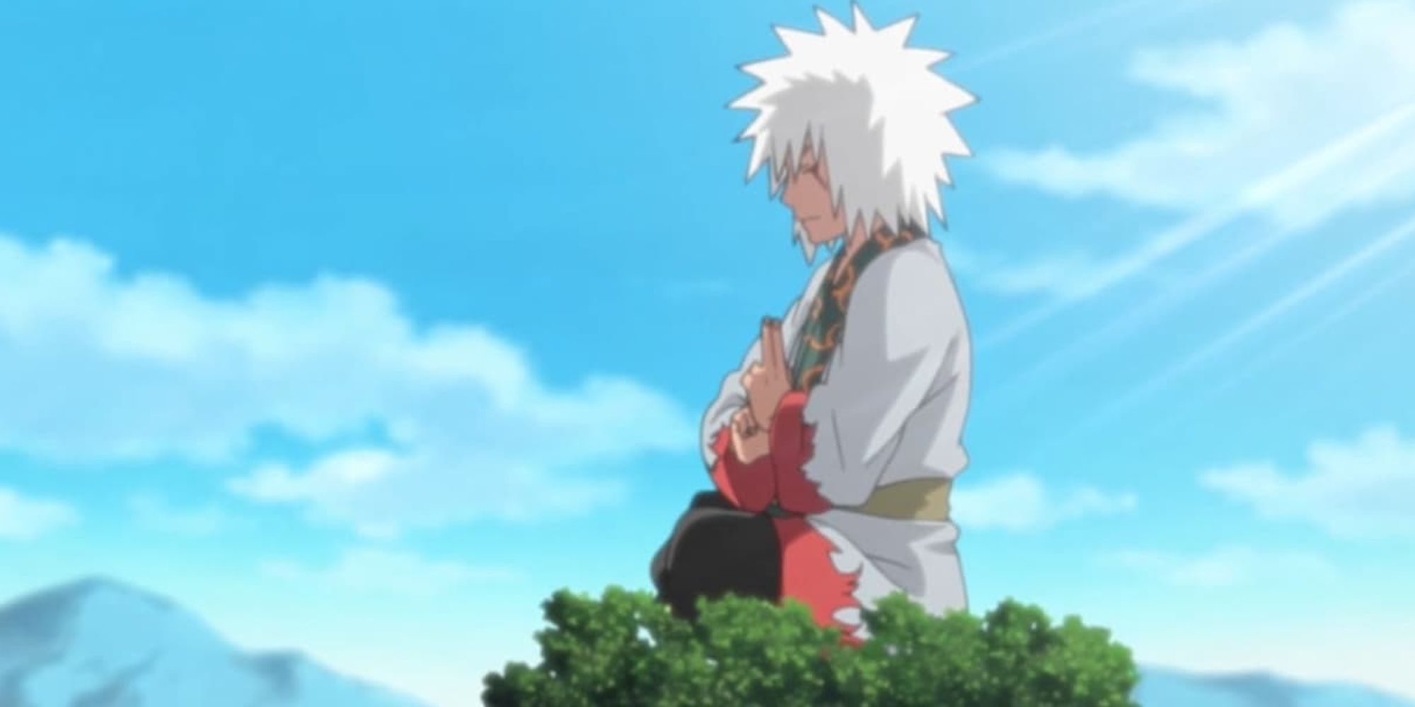Jiraiya meditating at Mount Myuboku during a Naruto: Shippuden flashback.