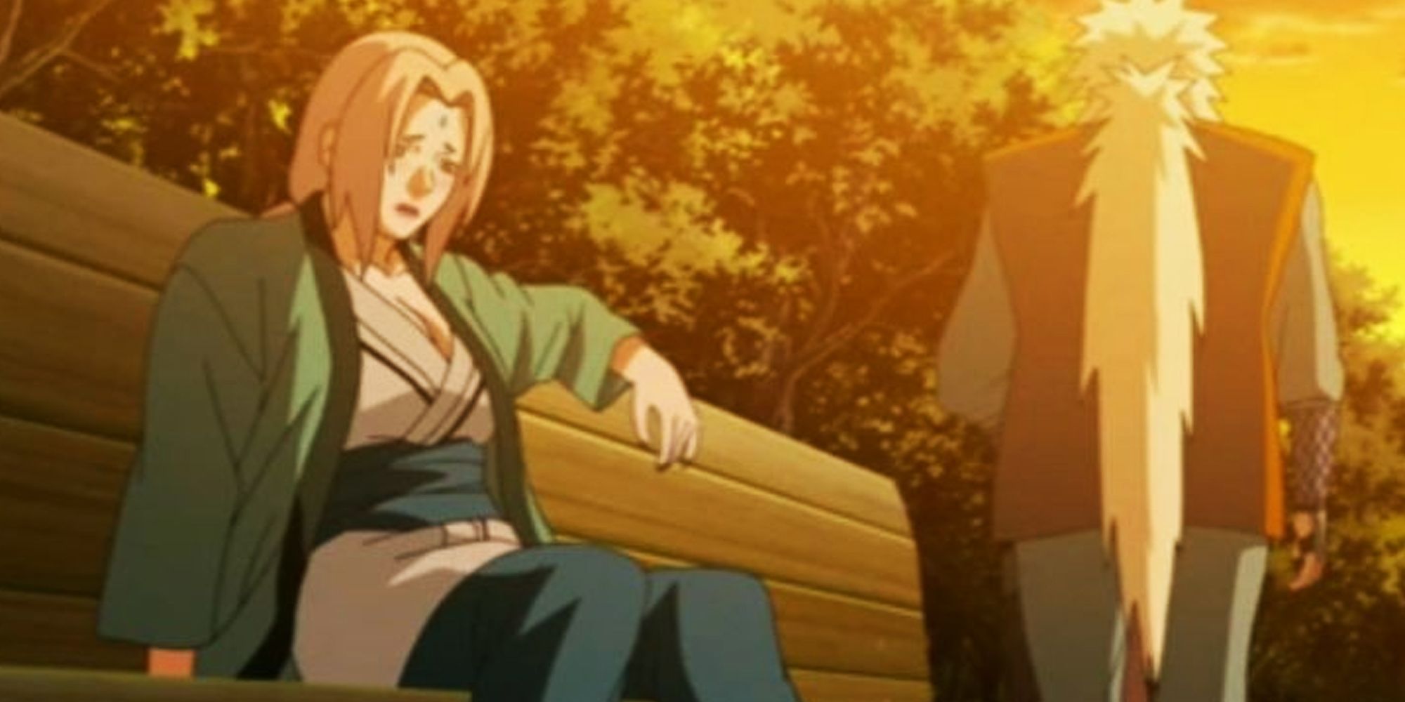 Jiraiya walking away from Tsunade in Naruto Shippuden