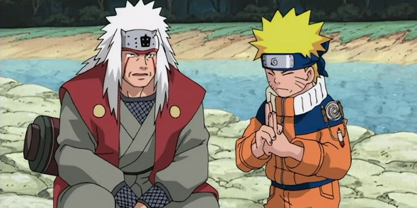 Jiraiya watching Naruto on the shore as they train
