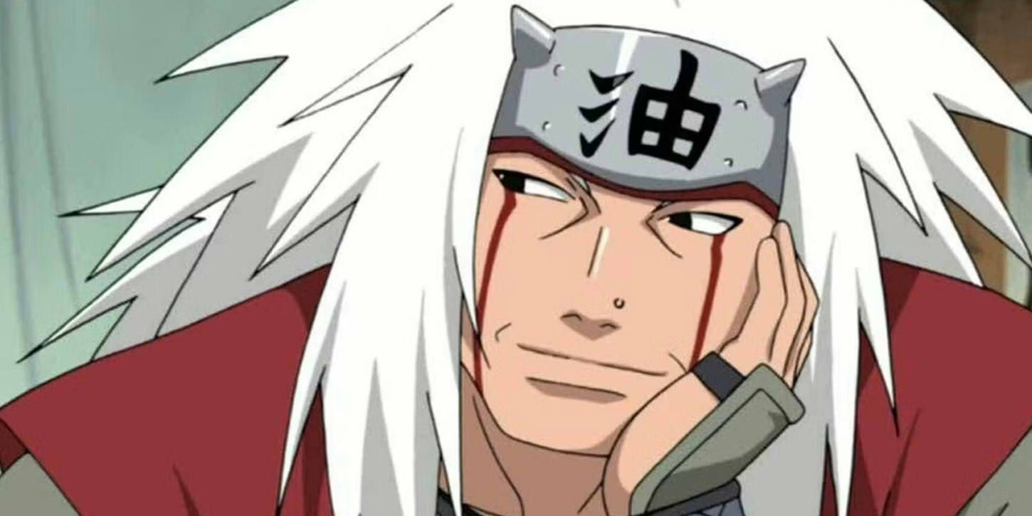 Jiraiya looks to his right with his head resting in his left hand in Naruto