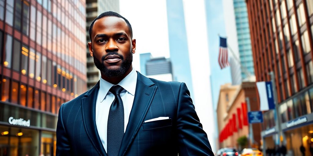 Successful Black businessman in urban setting, exuding confidence.